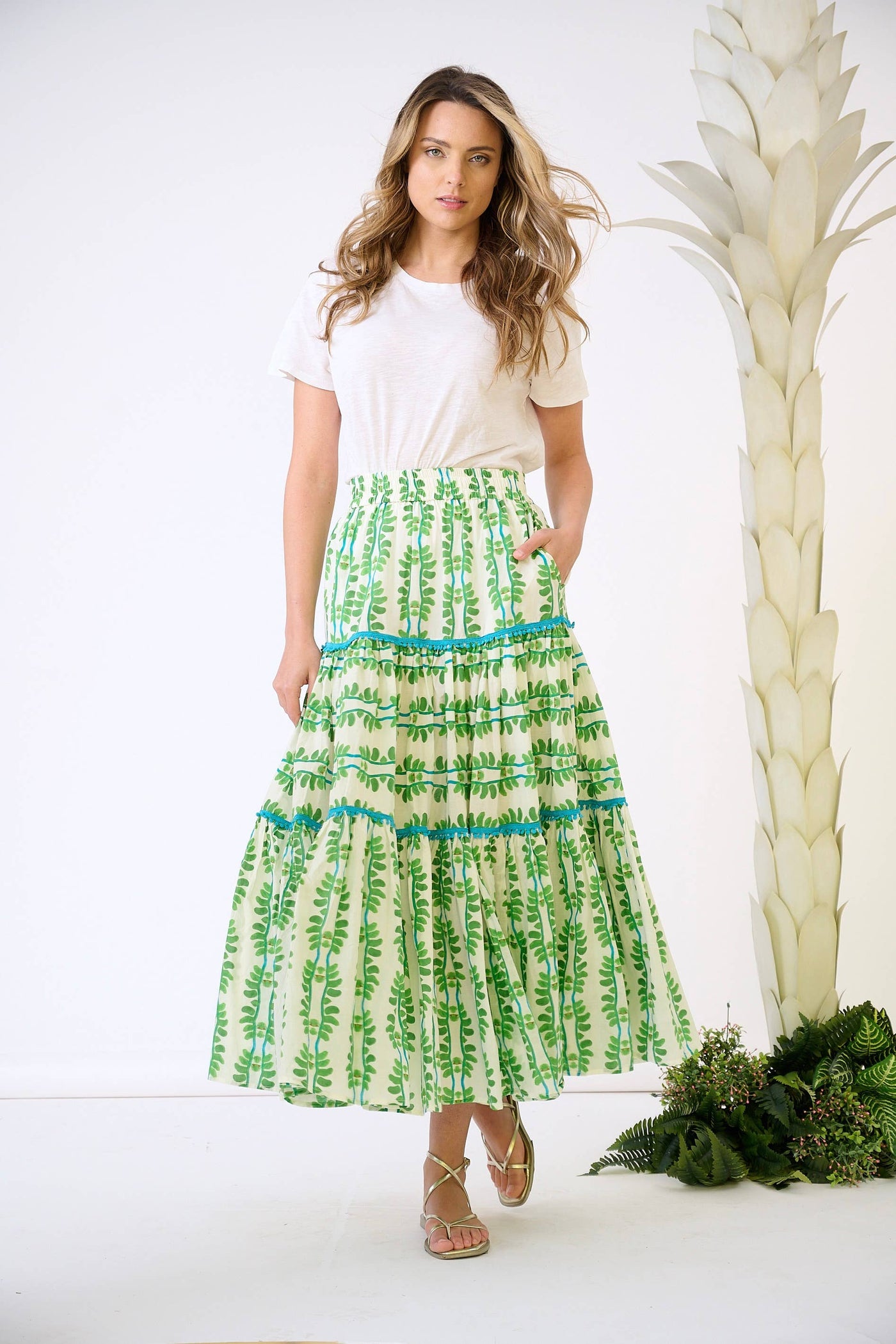 Brooks Avenue - Triple Tiered Maxi Skirt - Palm Leaf