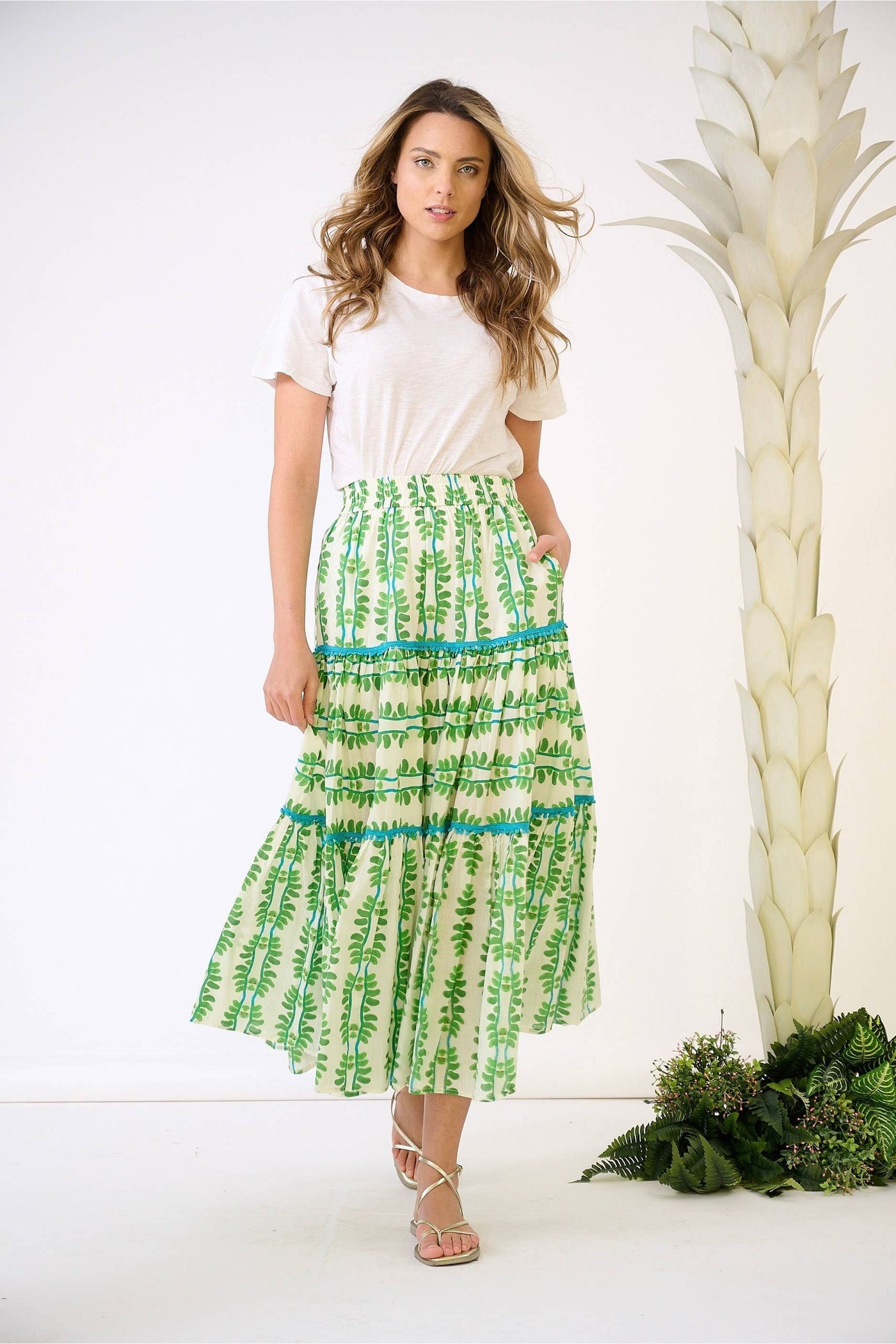 Brooks Avenue - Triple Tiered Maxi Skirt - Palm Leaf