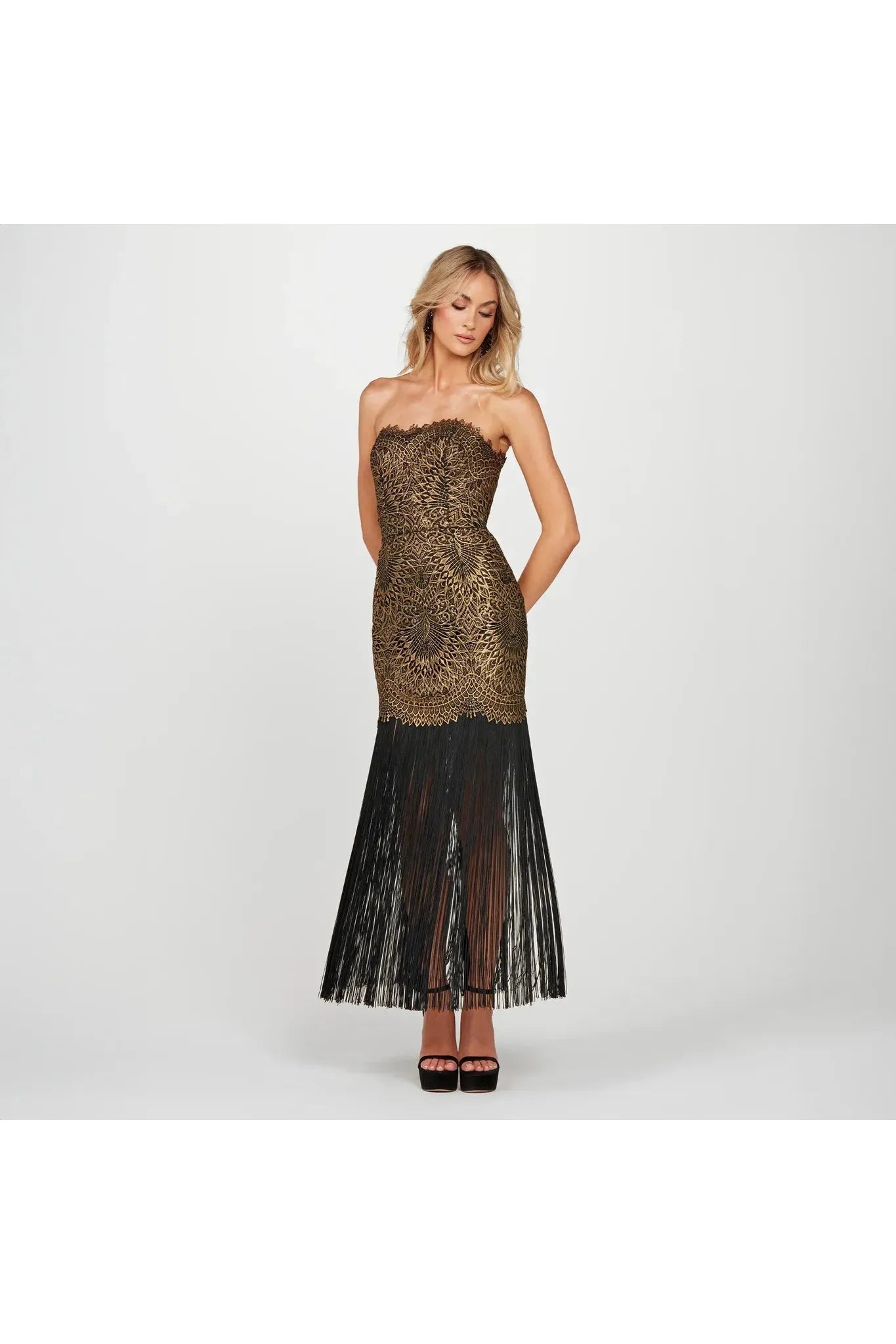 Gold Lace Fringe Hem Strapless Gown