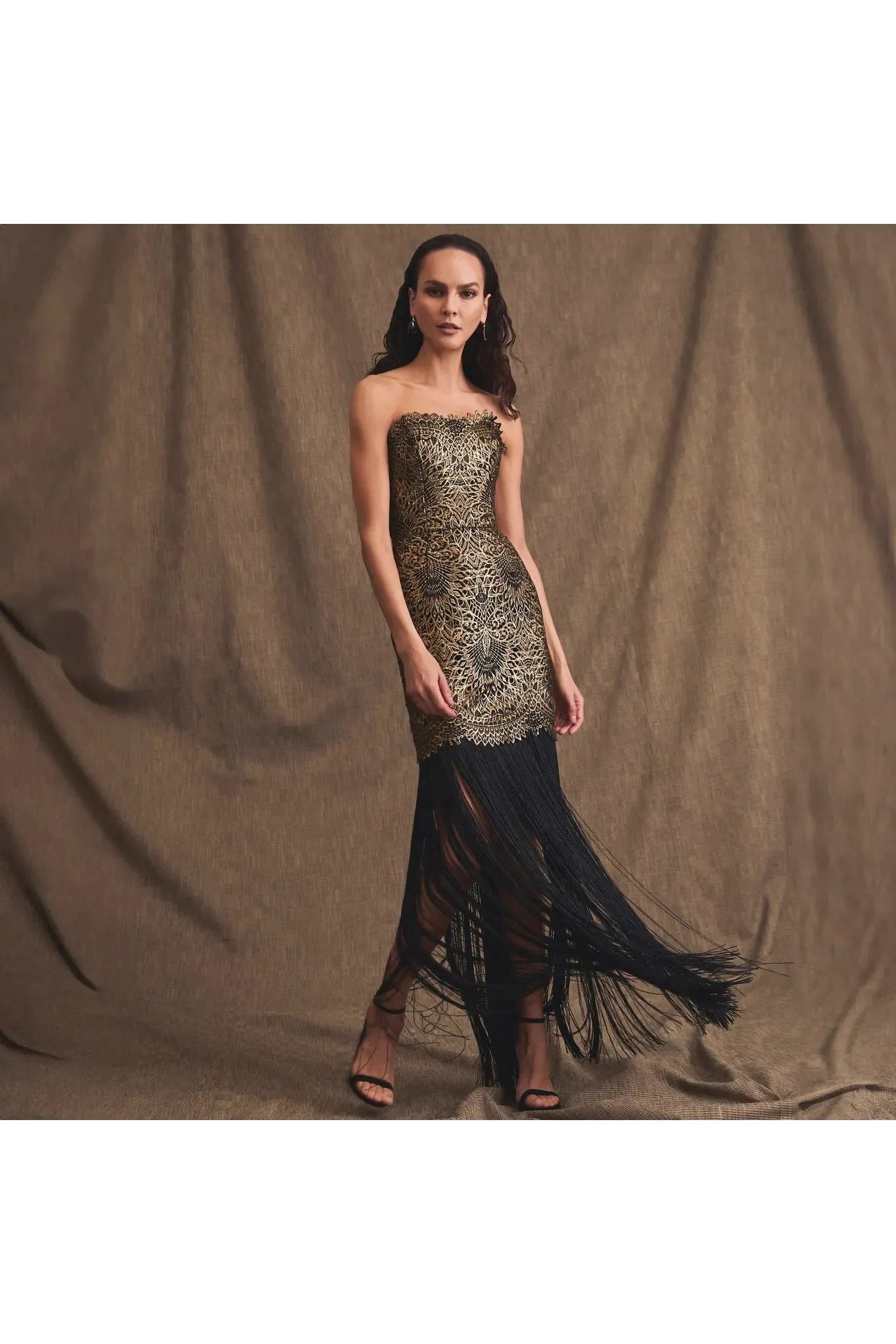 Gold Lace Fringe Hem Strapless Gown