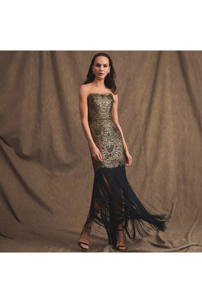 Gold Lace Fringe Hem Strapless Gown