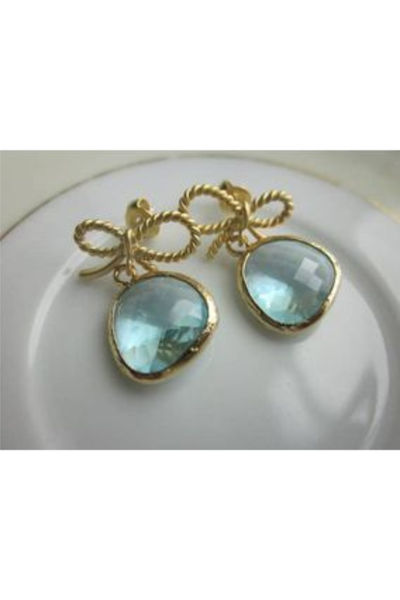 Aquamarine Blue Earrings Gold Bow